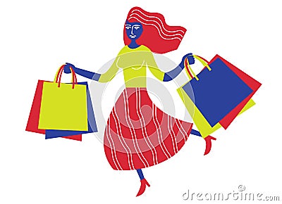 The girl goes shopping. Woman with packages. Vector Illustration